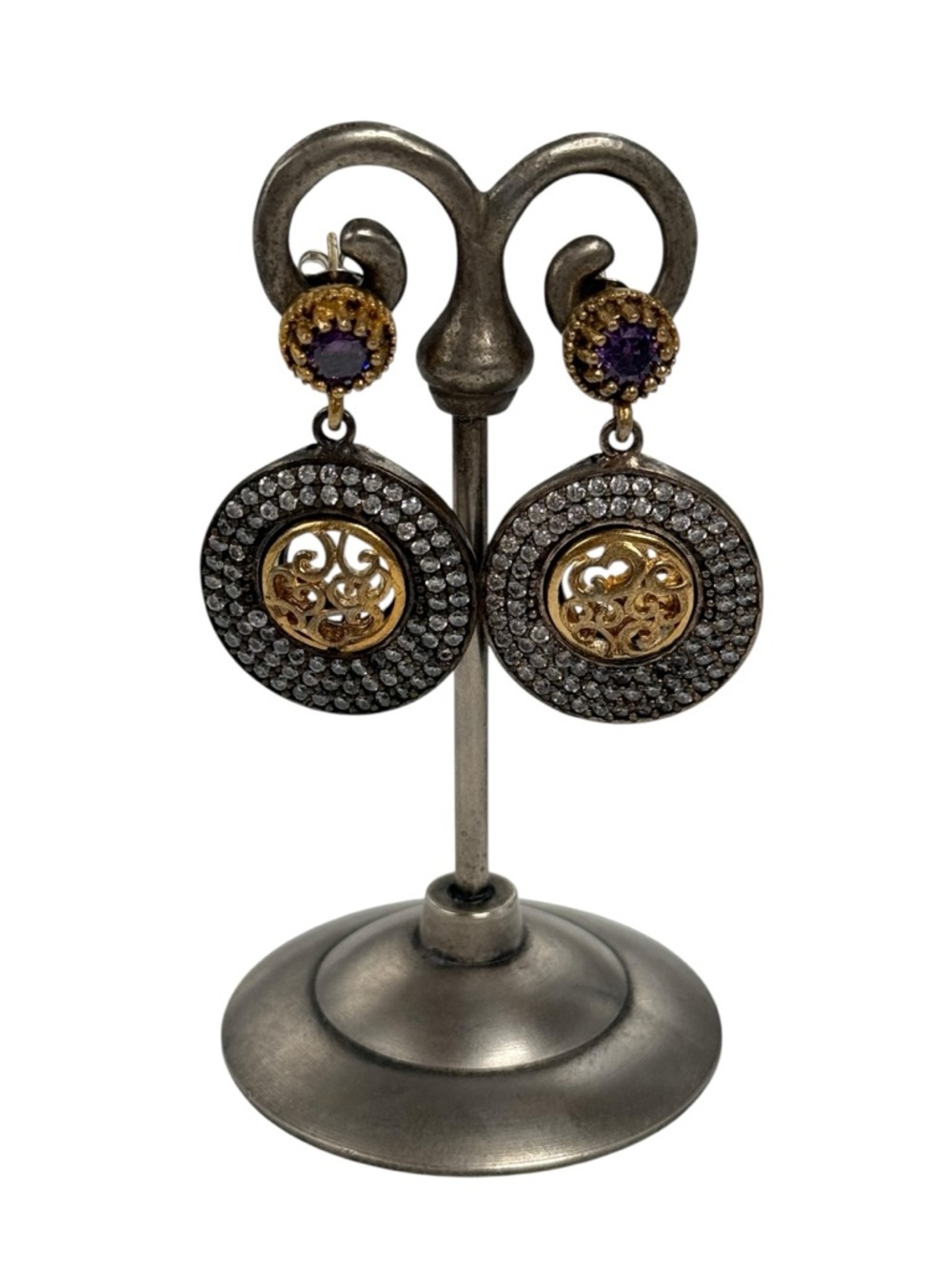 Sterling Elegant Gold and Purple and pave Filigree dangle earrings mixed metal